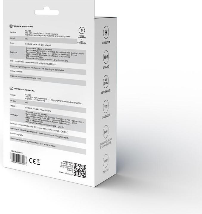 Produktbild Elmak HDMI cable CL-148 v2.1 SAVIO (3 m, HDMI, 2.1)