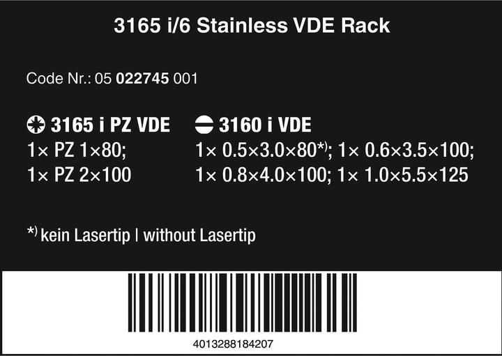 Image du produit Wera 3165 i/6 Rack (Cruciforme PZ, Vis fendues)