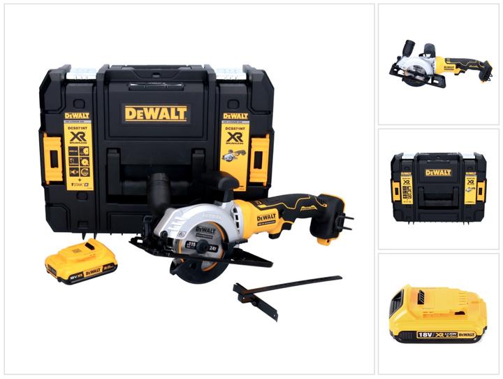 1x DeWalt DCS 571 cordless circular saw, 1x Dewalt DCB 183 18V 2.0 Ah Li-Ion battery, 1x DeWalt TSTAK
