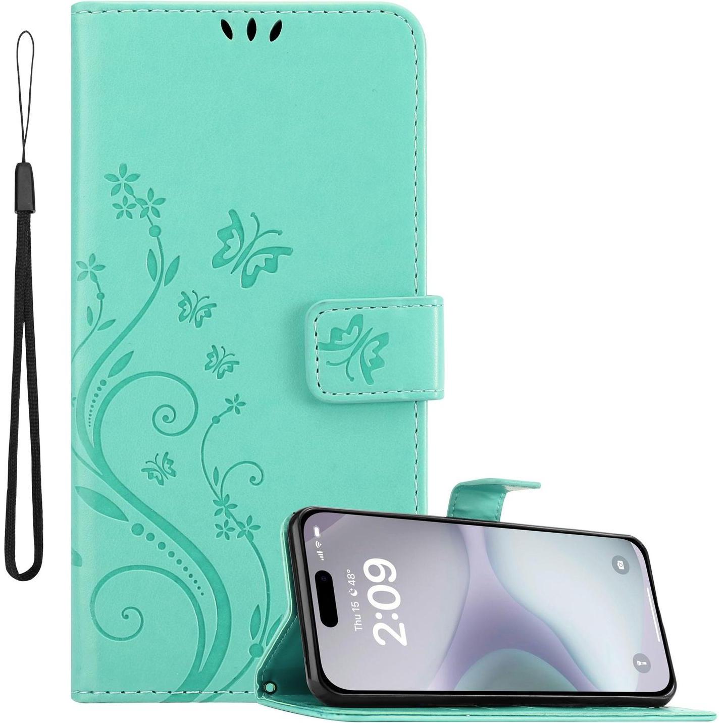 Cadorabo Hülle für iPhone 16 PLUS mit Blumen Muster (Apple iPhone 16 Plus), Smartphone Hülle, Türkis