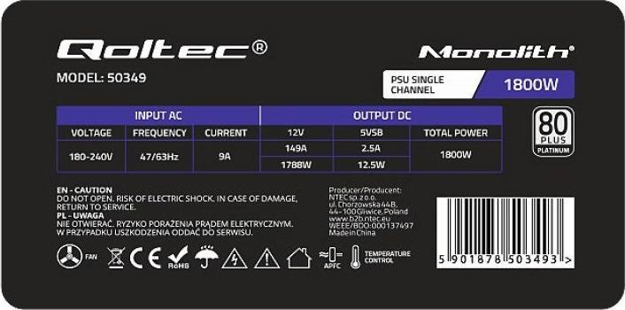 Produktbild Qoltec 50349 PCI-E 1800W power supply 80 Plus Platinum Game miner (1800 W)