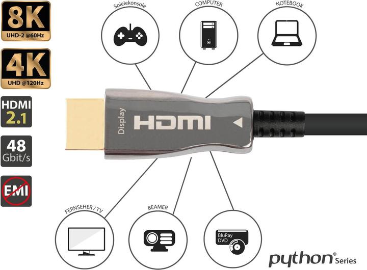 Produktbild Python AOC Hybrid Ultra-High-Speed HDMI 2.1 Kabel, 8K @60Hz / 4K @120Hz, 48 GBit/s, schwarz, 10m (10 m, HDMI)