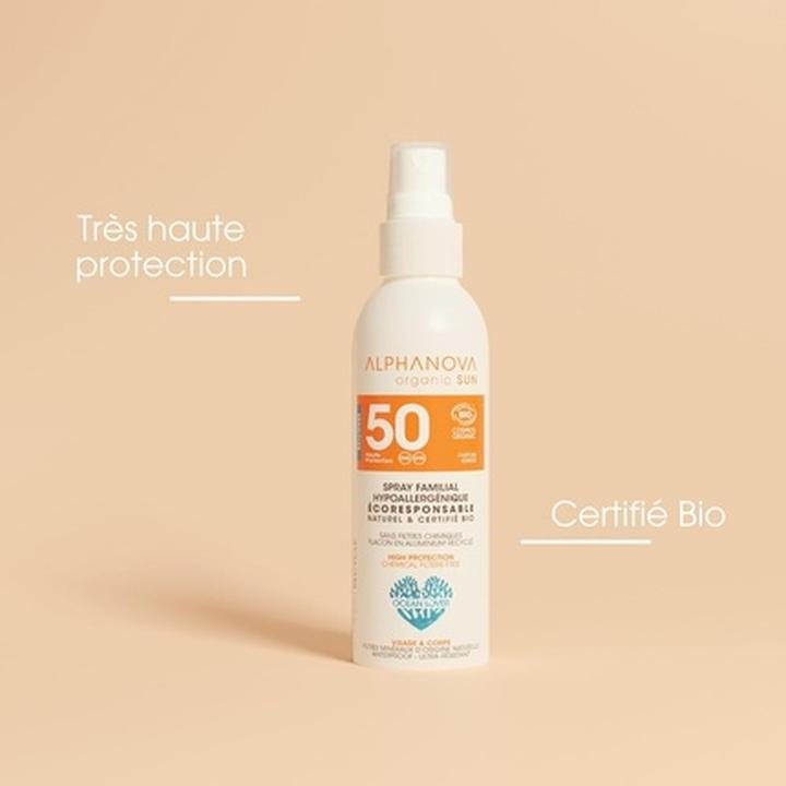 Produktbild Alphanova SUN Spray Familien Bio SPF50+ hypoallergen Rezyklierte Alu-Flasche (Sonnenspray, SPF 50, 150 g)