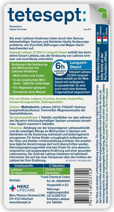 Valeurs nutritives et ingrédients Tetesept Lacto-Direct 22.000 (40 pièce(s), Cachets, 33 g)