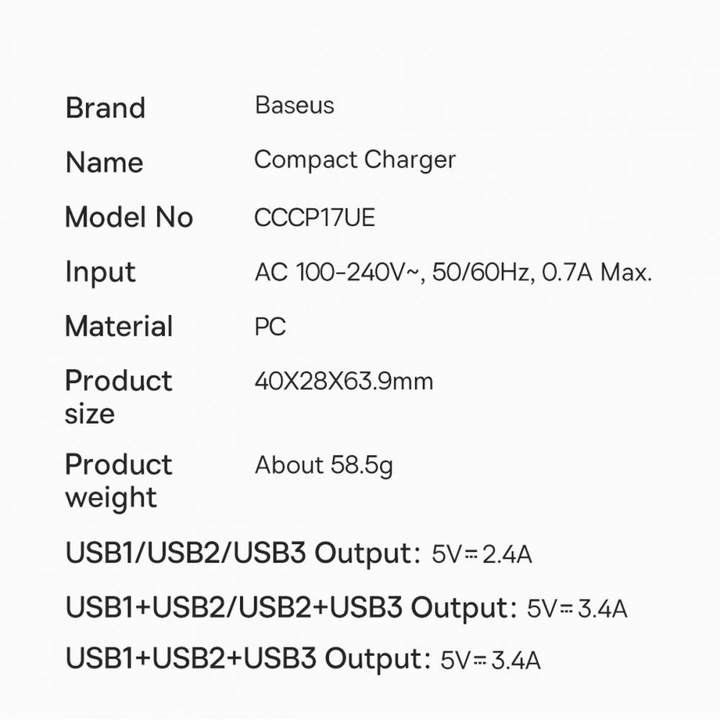 Nährwerte und Zutaten Baseus Compact Charger (17 W)