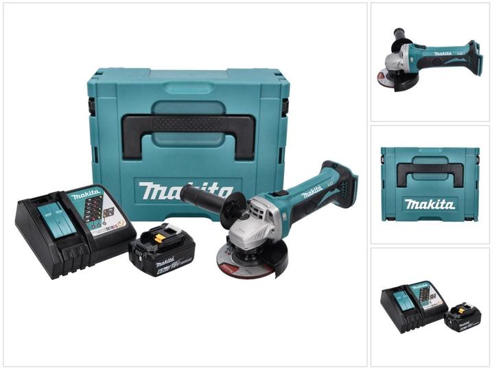 1x Makita DGA 452 Akku Winkelschleifer, 1x Schutzhaube, 1x Seitengriff, 1x Montageschlüssel, 1x Makita BL 1860 B 18 V 6,0 Ah Akku, 1x Makita DC 18 RC Ladegerät, 1x Makita Makpac, 1x Universaleinlage