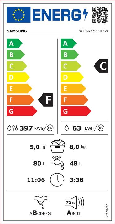 Energie-Label Samsung Waschtrockner WD5500T, SLIM & AddWash™, 8/5 kg, EEK Waschzyklus*: C WD8NK52K0ZW/EG