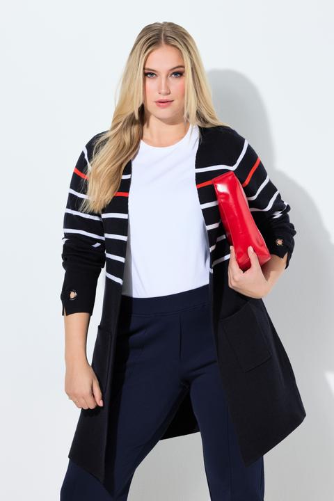 Produktbild Ulla Popken Long-Strickjacke, Ringel, V-Ausschnitt, Langarm (54)