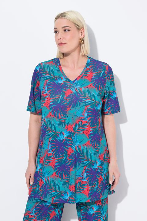 Image du produit Ulla Popken T-shirt long imprimé palmiers, manches courtes et col V, coupe évasée (58)