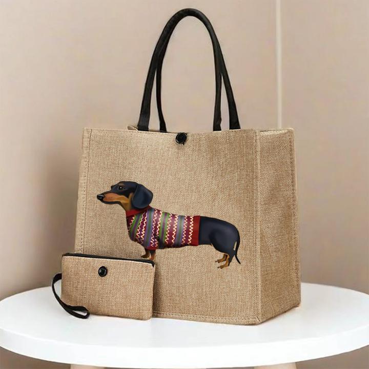 Actual product image Only-Bags.Store 2 Stück Hundedruck Canvas Tote Bags - Leichte Reise- und Strandtaschen mit Schnallenverschluss