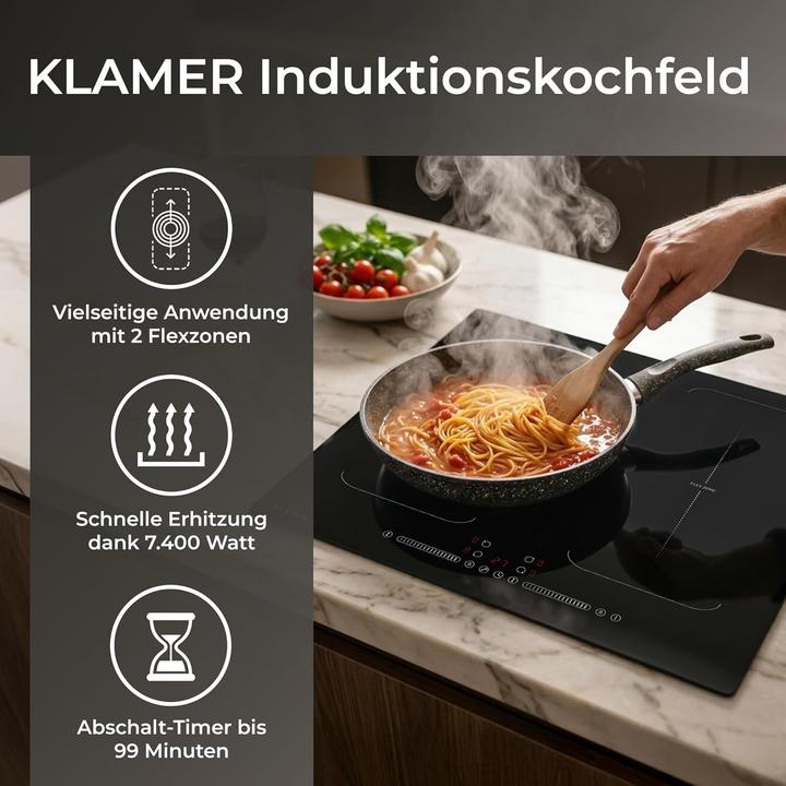 Produktbild KLAMER Induktionskochfeld 60 cm, 4 Zonen mit 2 Flexzonen, 7400 Watt, Boost Funktion, 9 Leistung… (59 cm, Induktionskochfeld)