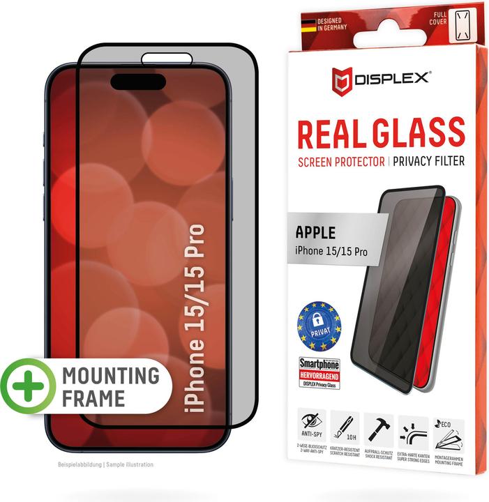Produktbild Displex Real Glass, Privacy Full Cover Panzerglas (1 Stück, Apple iPhone 15 Pro, Apple iPhone 15)