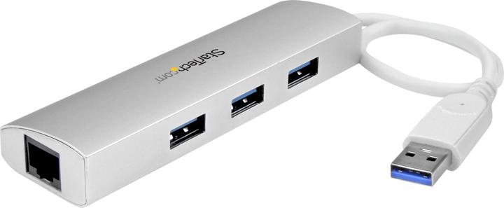 Actual product image StarTech 3 Port Mobile USB 3.0 Hub plus Gigabit Ethernet - Aluminium USB Hub with Gigabit Ethernet Adapter (USB-A, 4 ports)