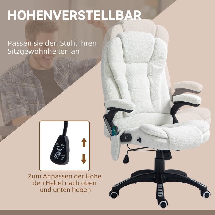 Produktbild Swisshandel24 Massage-Bürostuhl mit Wippfunktion, mit Heizfunktion, Liegefunktion, mit Fussstütze, Teddysamt, Weis