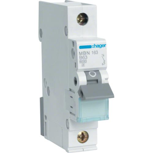 Hager, Schutzschalter, MBN163. Anzahl der Pole: 1P. AC Eingangsfrequenz: 50/60 Hz, Nominale Stromabgabe: 63 A