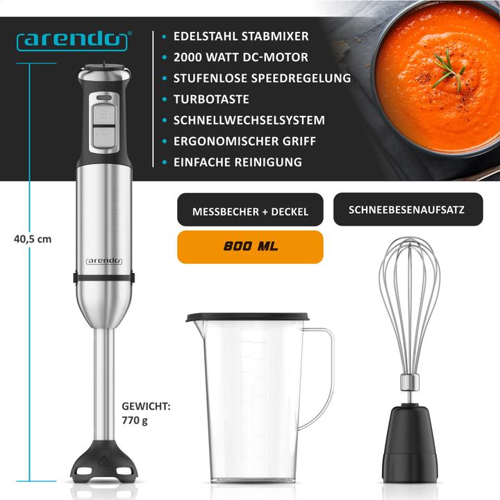 Image du produit Arendo Stabmixer Set 2000 Watt, Edelstahl, Handmixer, stufenlose Regelung, Abnehmbar, DC-Motor, ergonomisch