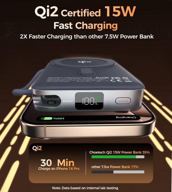 Immagine prodotto Choetech PowerLeap 15W Qi2 Wireless Powerbank 10'000mAh mit integriertem USB-C Kabel (max. 35W) (10000 mAh, 30 W, 38.50 Wh)