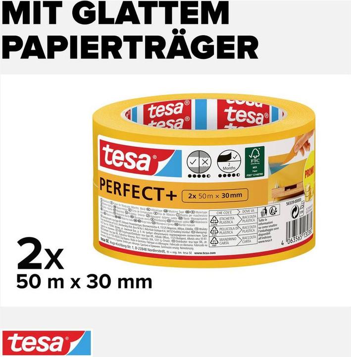 Actual product image tesa 2x Malerkrepp Perfect+, masking tape for precise masking indoors, pack of two (30 mm)