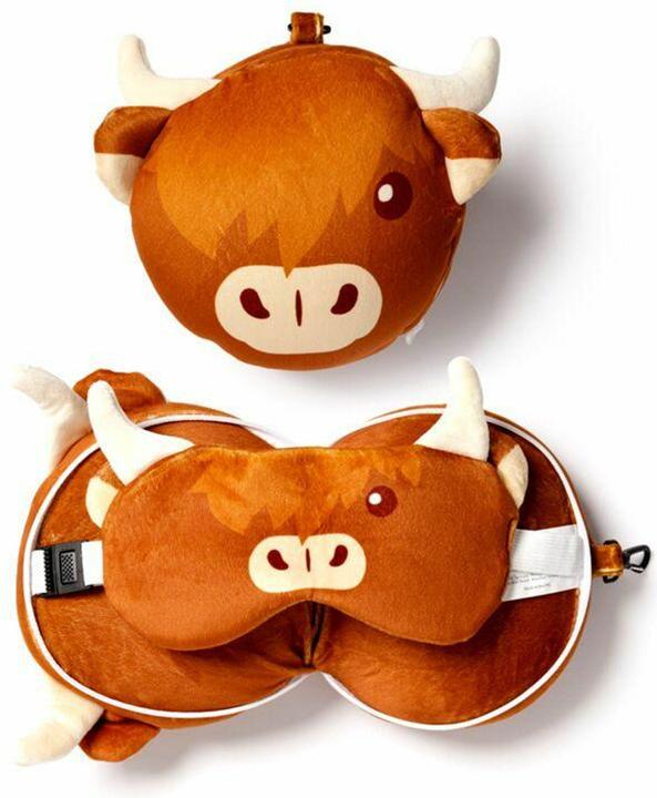 Immagine prodotto Puckator Relaxeazzz Cuscino da viaggio in peluche Highland Coo Cow con maschera per gli occhi
