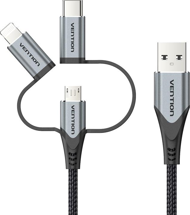 Actual product image Vention USB 2.0 A Male to 3-in-1 Micro-B&USB-C&Lightning Male Cable 1M Gray Aluminum Alloy Type (1 m, USB 2.0)