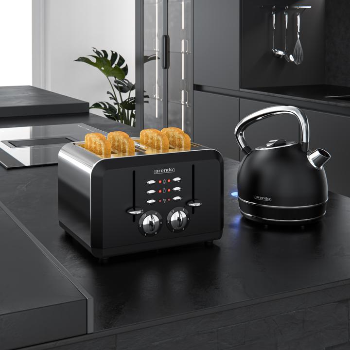 Produktbild Arendo Frühstücks Set Edelstahl Wasserkocher 1,7l, 360° Basis & 4-Scheiben Doppelschlitz Toaster, Schwarz (1.70 l)