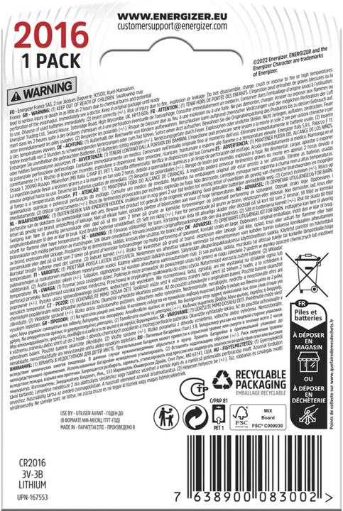 Produktbild Energizer CR2016 Lithium (1 Stk., CR2016, 90 mAh)