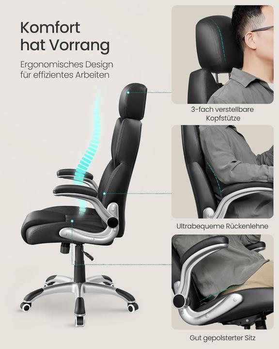Produktbild Songmics Bürostuhl Gaming Verstellbar Kopfstütze Armlehnen Schwarz (45 - 53 cm)