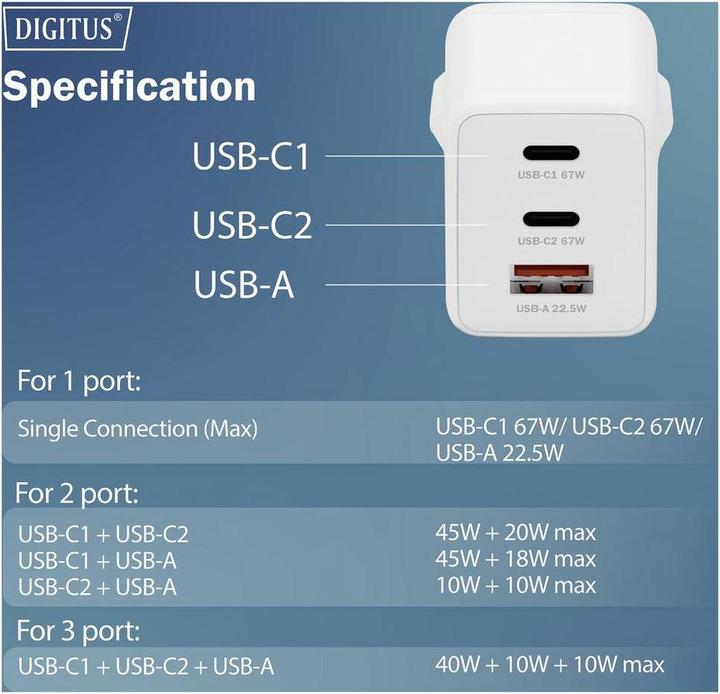 Productafbeelding Digitus USB GaN Charger 67W, 2x USB-C, 1x USB-A (67 W, 3 ports)