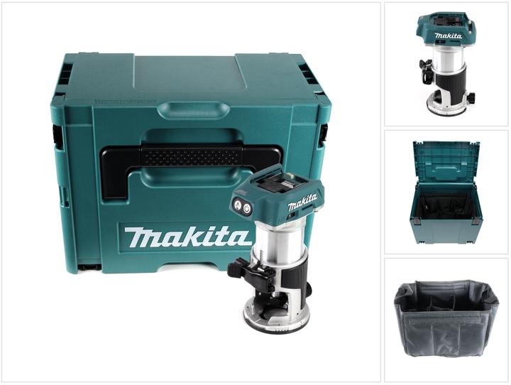1x suction attachment for hoover, 1x copy sleeve, 1x collet chuck 6mm, 1x Makita DRT50 cordless multifunction router, 1x collet chuck 8mm, 1x edge milling module ( 196612-6 ), 1x spanner SW 13 ( 781039-9 ), 1x spanner SW 22 ( 781041-2 ), 1x adjustable rip fence ( 122965-7 ), 1x Makita Makpac ( 821552-6 ), 1x Makita insert for Makpac 4 ( 837247-1 )