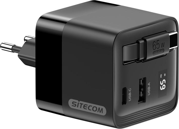 Sitecom 65W GaN Power Delivery Wall Charger with retractable cable oplader (65 W)