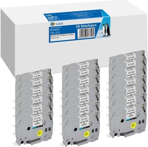 Image du produit G&G 20x Schriftband 12mm x 8m sw ws komp. m. Brother TZe-231 (1.20 cm, Blanc, Noir)