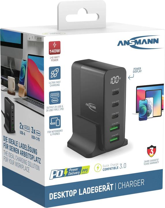 Actual product image Ansmann Desktop USB Charger 5 Ports Qc Type C Pd 140w (140 W, 5 ports)