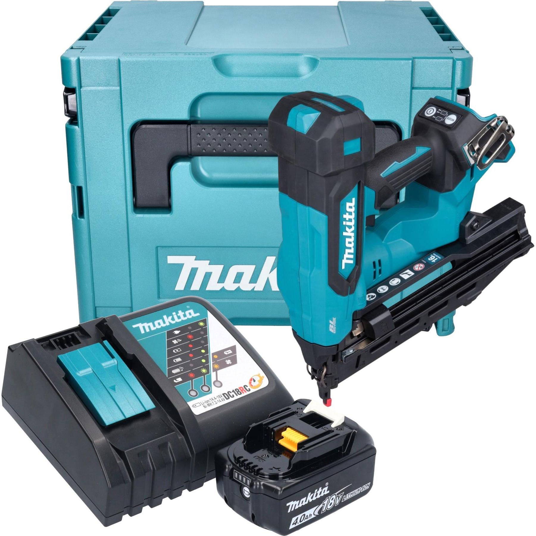 Makita, Graffettatrice + Pistola sparachiodi, DBN 610 RM1J Chiodatrice a batteria 18 V 32 - 64 mm Brushless + 1x batteria 4,0 Ah +