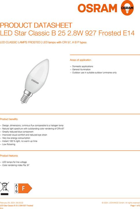 Immagine prodotto Osram Lampade Classiche A LED Smerigliate (E14, 2.80 W, 245 lm, 6 x, F)