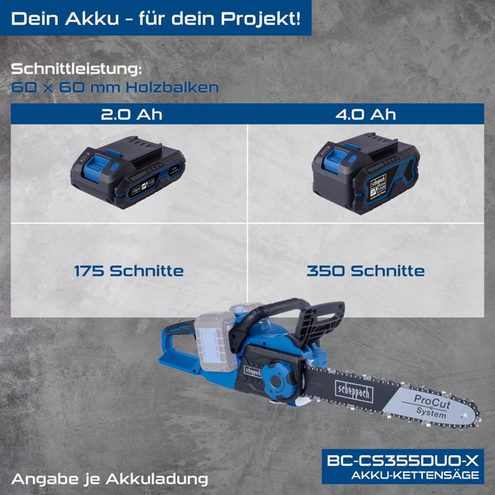 Actual product image Scheppach Battery-powered chainsaw BC-CS355Duo-X (DIY) (Battery chain saw)