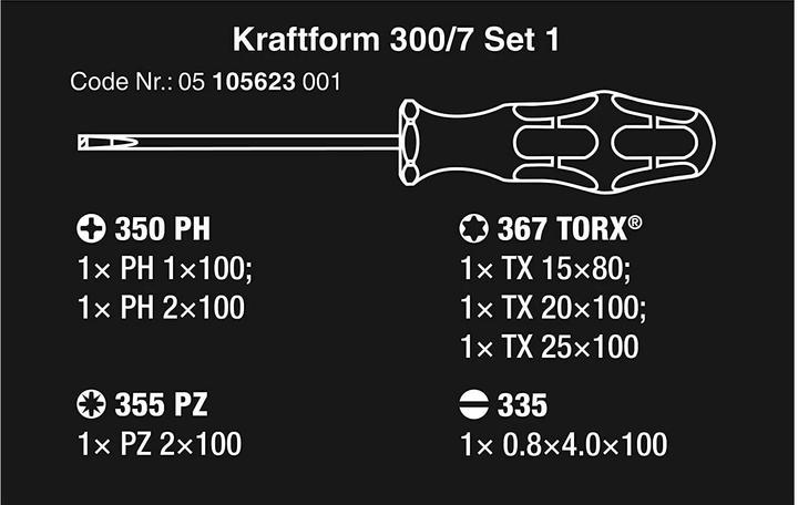 Actual product image Wera Kraftform 300/7 screwdriver set (Torx (TX), Pozidriv cross recess (PZ), Phillipps cross recess (PH))