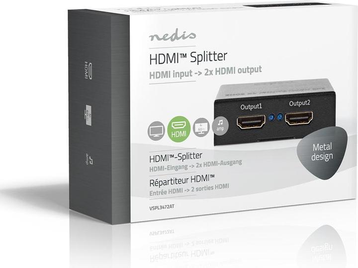 Produktbild Nedis VSPL3472AT. Video Porttyp: HDMI, Teilnehmerausgang: 2x HDMI. Produktfarbe: Schwarz, Gehäusematerial:
