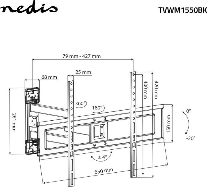 Produktbild Nedis Vollbewegliche TV-Wandhalterung - 37 – 70" - Max. 25 kg - 3 Drehpunkte - Neigen, Schwenken u (Wand, 70", 25 kg)
