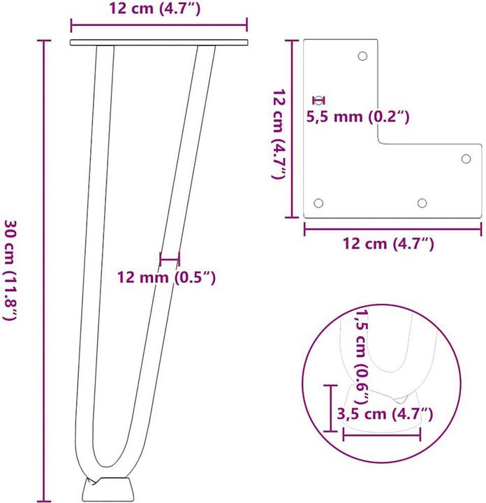 Produktbild vidaXL Haarnadelbeine 4 Stk. Schwarz 30 cm Massivstahl Hairpin Tischbein