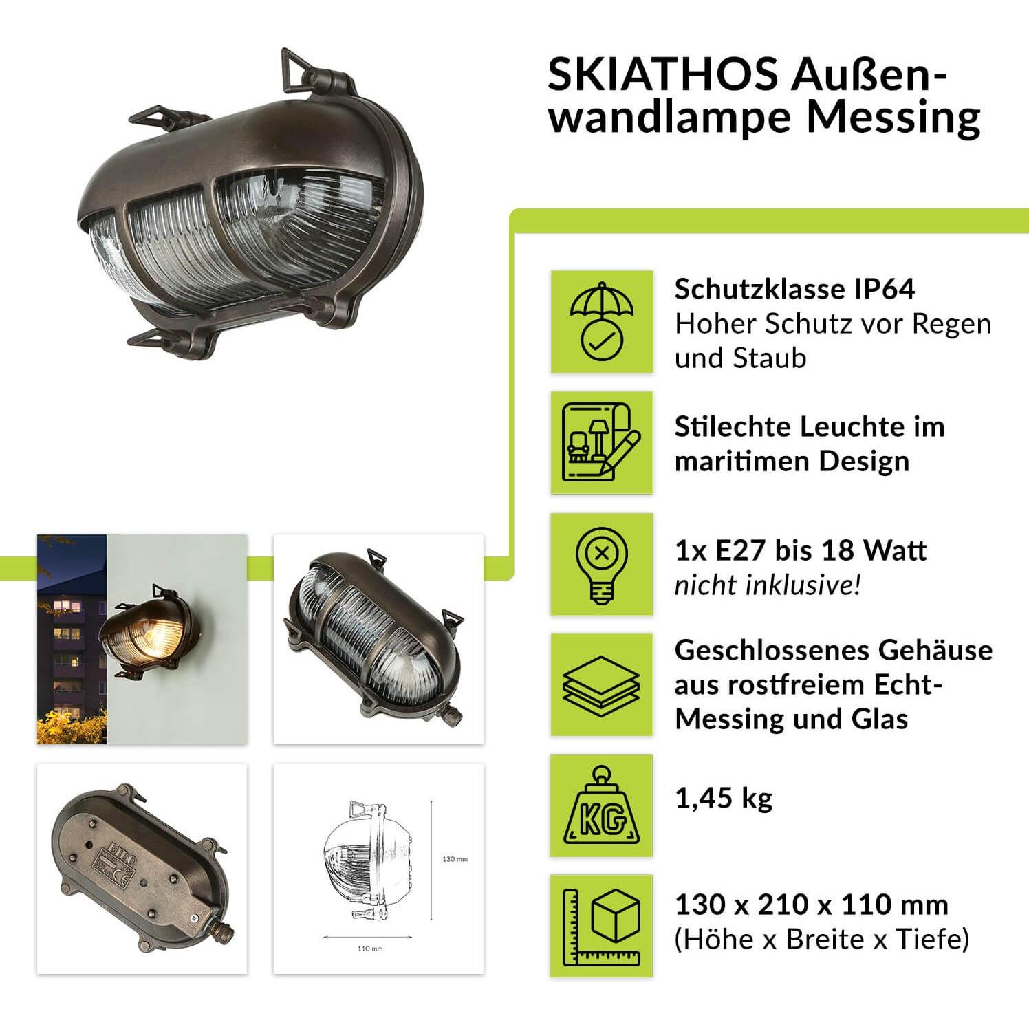 Thumbnail - Licht-Erlebnisse, Gartenbeleuchtung, Wandlampe Skiathos Messing (E27, IP64)