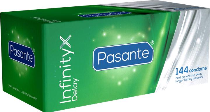 Pasante InfinityX Delay 144 Kondome – 53 mm, glatt, 200 mg Benzocain, Silikonöl-befeuchtet (144 pcs)