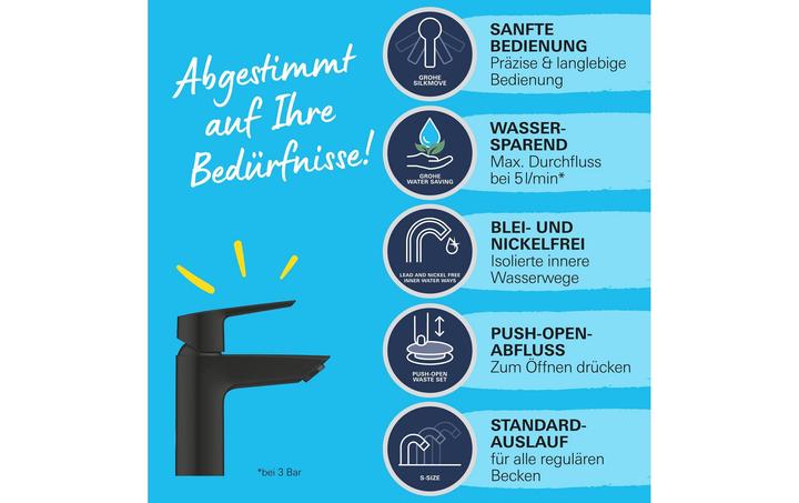 Actual product image Grohe Start QuickFix washbasin tap, S-size, push-open, energy-saving, matt black