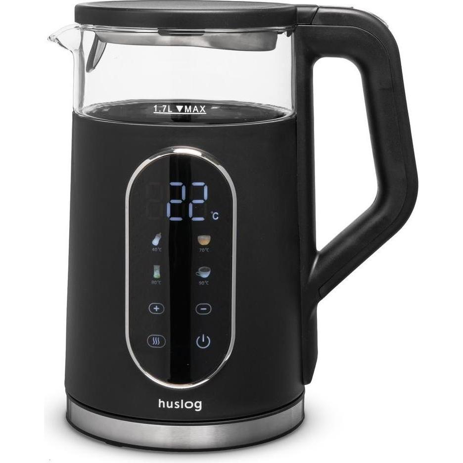 Huslog glass kettle wit touch panel black 1,7L 2200W, Bollitore, Nero