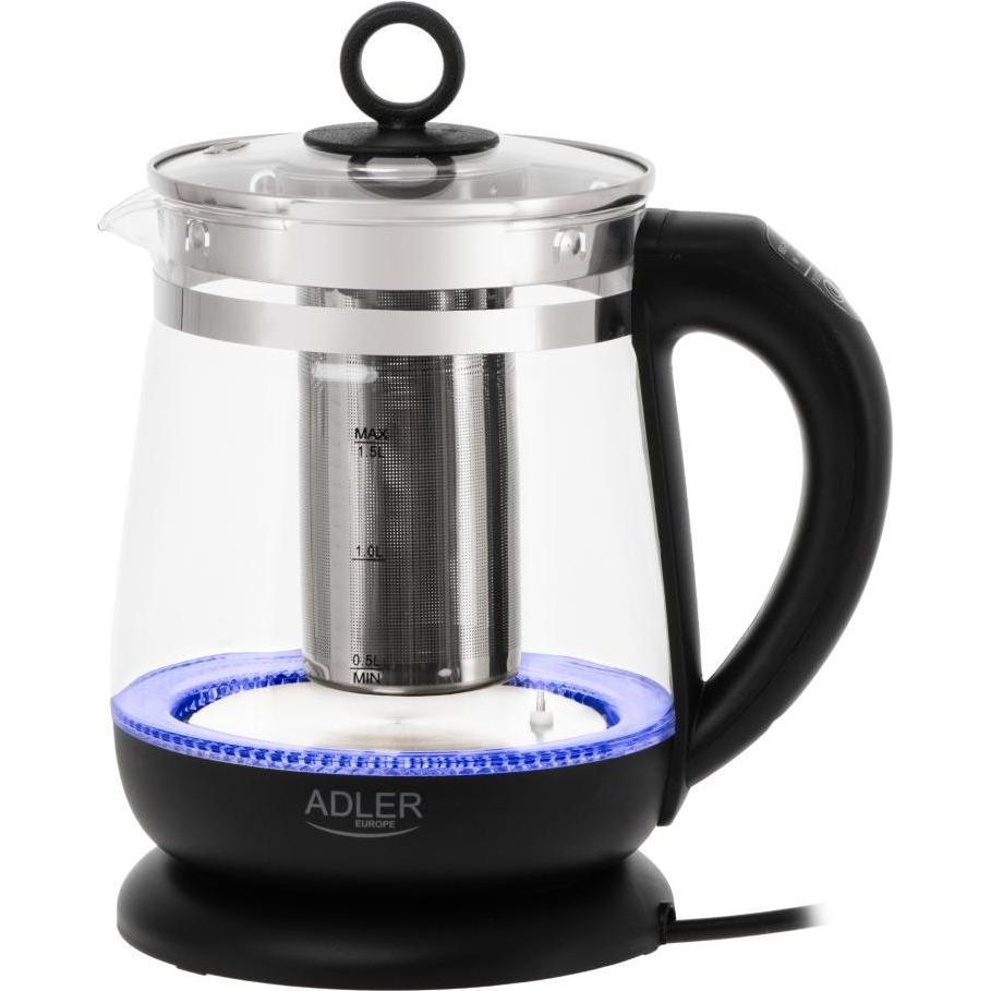 Adler Teapot Kettle AD 1299 Electric 2200 W 1.5 L Glass 360° rotational base Black, Bollitore, Nero