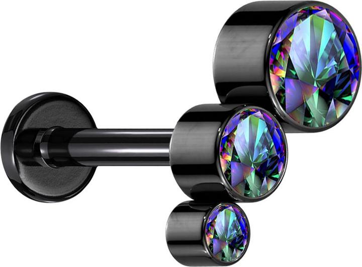 Actual product image Star Piercing Micro Labret internal thread black descending three crystals dark multicolour (without brass, Titanium)
