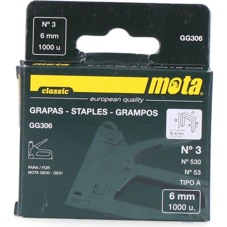 Mota Herramientas, Graffettatrice + Pistola sparachiodi, Graffette nº 3 da 6mm 1000 unità. gg306 mota