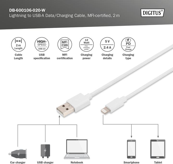 Image du produit Digitus Câble de données/charge Lightning vers USB A, certifié MFI (2 m, USB 2.0, 12 W)