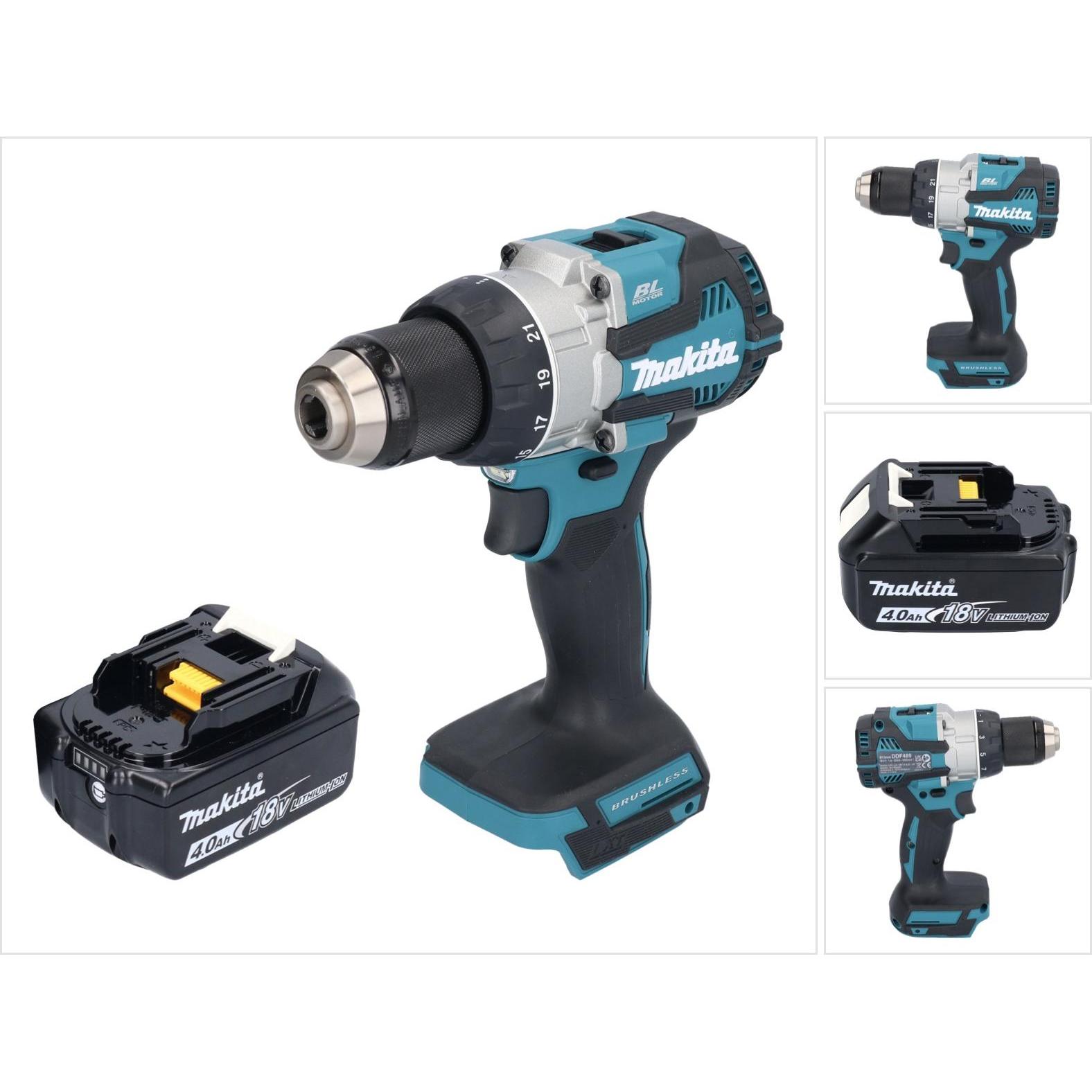 Makita, Bohrmaschine + Akkuschrauber, DDF 489 M1 Akku Bohrschrauber 18 V 73 Nm Brushless + 1x Akku 4,0 Ah - ohne Ladeger...