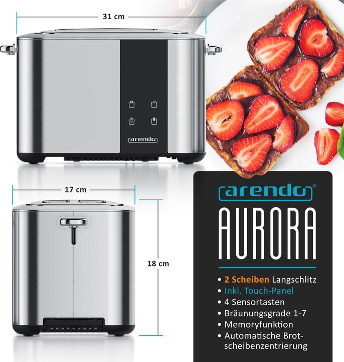 Image du produit Arendo Toaster 2 Scheiben Edelstahl, Doppelwand, Brötchenaufsatz, Krümelschublade, Touchdisplay, 850 W