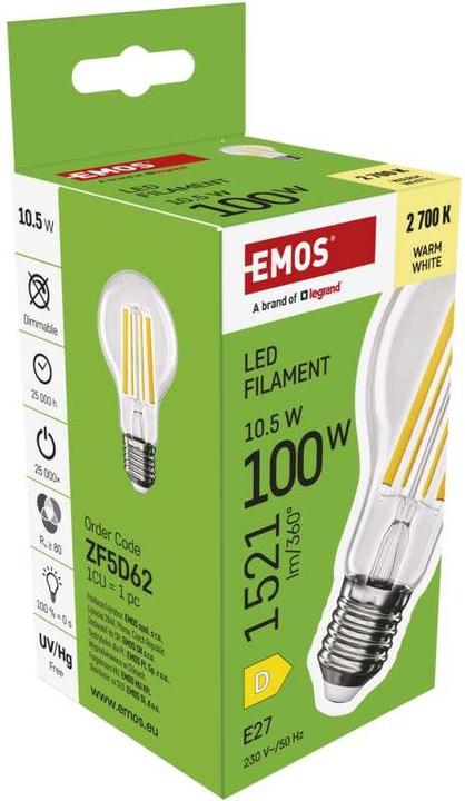 Produktbild Emos LED Lampe Filament A60 / E27 / 10,5 W (100 W) / 1521 lm / Warmweiss (E27, 10.50 W, 1521 lm, 1 x, D)